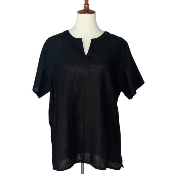 Flax Lagenlook Short Sleeve Split Neck 100% Linen Top Black Size Medium - Picture 1 of 5